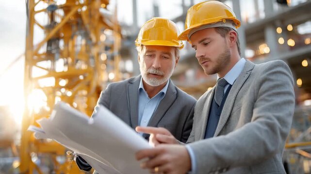 Construction Blueprint: Two experienced architects, their faces etched with focus, meticulously review intricate blueprints, bathed in the warm light of a construction site. 