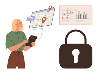 Woman interacts with a tablet as map navigation and geolocations appear, along with data graphs and a lock. Ideal for technology, security, privacy, data analysis, navigation, communication