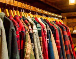 Obraz premium Assortment of colorful flannel shirts hanging neatly on a wooden rack in a rustic setting
