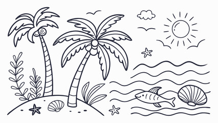 "Hand-drawn tropical and marine doodle set with palm trees, shells, waves, corals and summer beach elements"