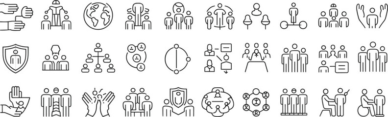 Business teamwork icons, leadership communication, human resources, corporate organization, management skills, employee collaboration, group discussion, coaching mentoring, company success, strategy