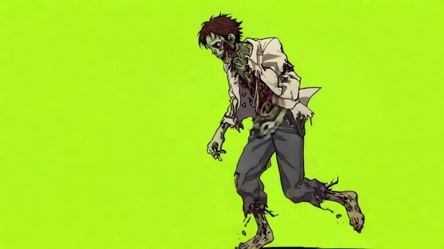 Illustration of a zombie with exposed ribs walking on a green background in cartoon style art work green screen halloween zombie video