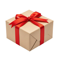 Obraz premium A beautifully wrapped beige gift box tied with a bright red satin ribbon and bow, ready for any festive occasion or special event.