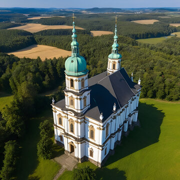 Klaster, Nova Bytrice, Jindrichuv Hradec, Jihocesky kraj, Czechia - August 31 2023: The dilapidated Baroque Church of the Holy Trinity in the picturesque landscape of South Bohemia.