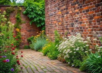 Obraz premium Muted red brick wall with a pebbled sidewalk and overgrown wildflowers