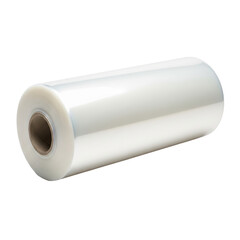 A large roll of shiny, transparent plastic film, commonly used for packaging, wrapping, and various industrial applications.
