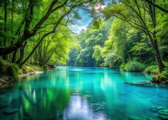 Obraz premium Serene forest surroundings with a tranquil turquoise river flowing gently through the landscape