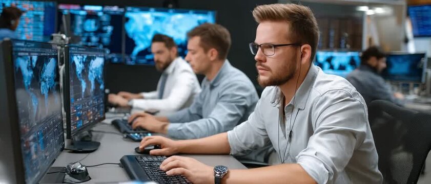 Data Analyst Team at Work: A focused team of analysts diligently working on computers in a modern, high-tech control room. Illuminated screens showcase complex data visualizations and analysis.