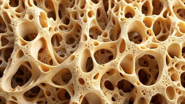 Close-up of a thinned and porous bone structure with visible osteoporotic lesions
