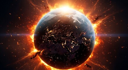Obraz premium Earth engulfed in fiery celestial event with glowing energy