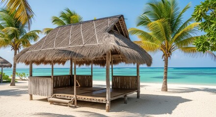 Tropical Beach Hut with Thatched Roof and Turquoise Sea in Maldives