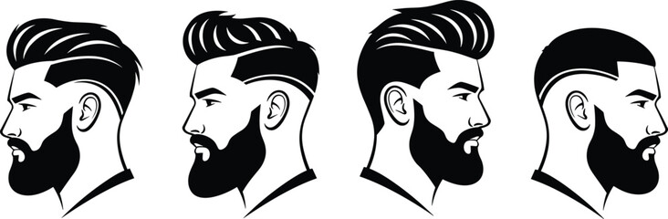 Modern men’s hairstyle and beard profile illustrations with trendy haircuts, fades, and grooming styles for barber, fashion, and design projects