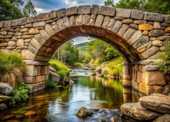 Ancient stone bridge with rough-hewn granite pillars and a rustic wooden beam