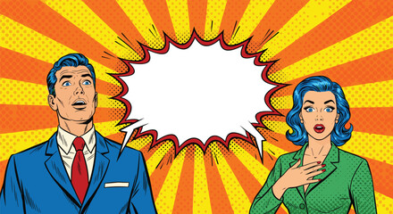 Pop art surprised man and woman with speech bubble in retro comic style for design, advertising, and creative illustration projects © Sihab Creatives