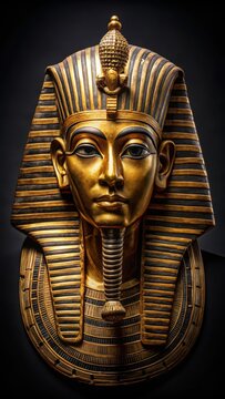 Ancient Egyptian gold mask with intricate hieroglyphics sits on a dark background