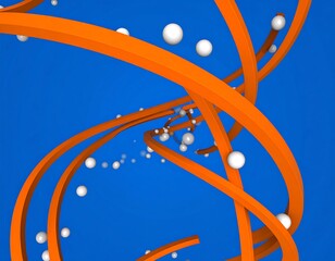 Orange spirals, white spheres, blue background