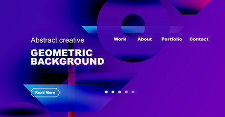 Abstract website header design. Purple, blue gradients dominate. Text promotes geometric backgrounds, includes navigation options.