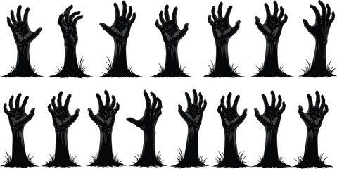 Zombie hands silhouettes rising from ground with grass for horror, Halloween, undead, spooky, and scary design illustration projects