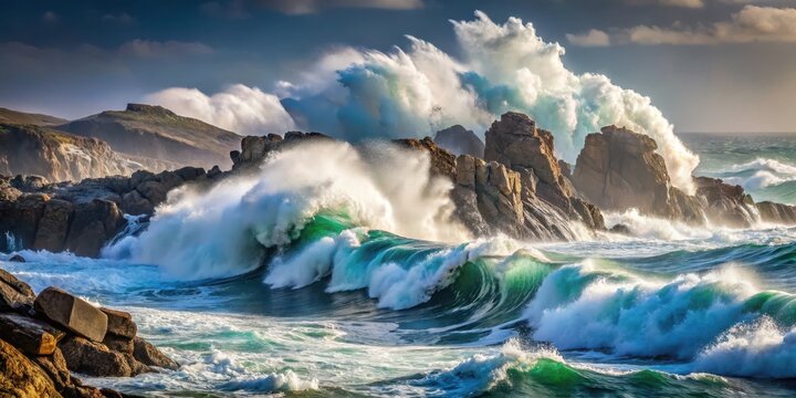 Powerful ocean waves crash against the rugged rock dam