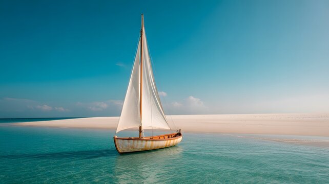 Serene sailboat gliding across crystal clear turquoise waters under a vast blue sky with a sandy beach in the background