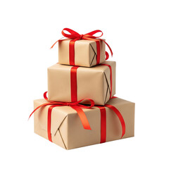 Obraz premium Three kraft paper gift boxes with red ribbons are neatly stacked, ready for gifting on special occasions and holidays.