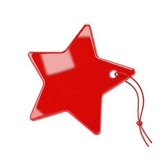 Glossy red star tag with a red string, perfect for highlighting special offers, discounts, or holiday promotions.