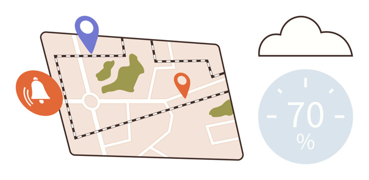 Navigation map with two location pins, weather cloud, data percentage indicator, and alert bell. Ideal for navigation, location tracking, weather updates, travel planning, geolocation route
