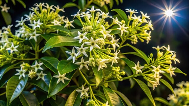 Cestrum nocturnum in full bloom with fragrant white flowers and star-shaped petals at night