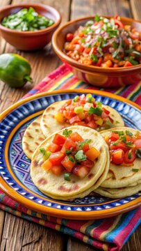 Pupusas on a colorful plate with curtido and tomato salsa