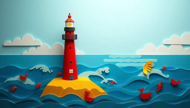 Whimsical paper-cut lighthouse on an ocean with playful waves and sea creatures,  invitation,  fantasy - Powered by Adobe