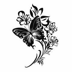 Graceful butterfly with flowers, artistic botanical black and white nature silhouette