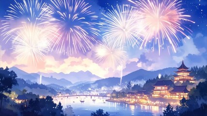 Fireworks over riverside village - Powered by Adobe