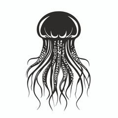 Striking ocean jelly with tentacles, floating beautifully in dark black silhouette