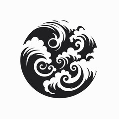 Elegant swirling wave design with ornate cloud accents in striking monochrome silhouette