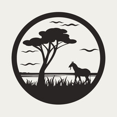 Serene African landscape with goat, tall tree, against setting sun silhouette