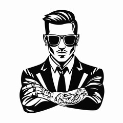 Confident tattooed man in suit and sunglasses black stylish silhouette