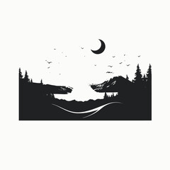 Serene night landscape with a crescent moon and flying birds silhouette