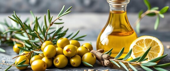 Vibrant green olives, fresh herbs, and golden olive oil in a glass bottle, olive oil, bottle of oil