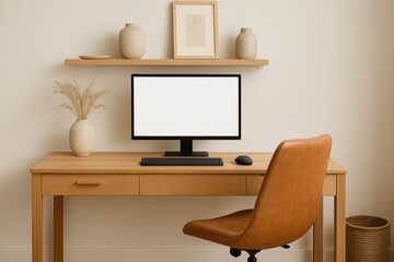Productive home office setup features sleek desk with computer monitor and comfortable chair, creating inviting workspace
