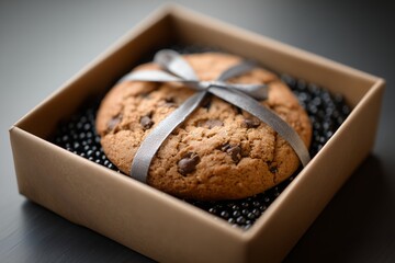 Fototapeta premium Chocolate chip cookie tied with silver ribbon in brown gift box among black beads, concept for holiday gift, bakery promotion and sweet surprise