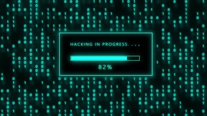 Glitch style hacking in progress loading bar animation with digital binary code background, futuristic cyber security interface and progress screen - Powered by Adobe