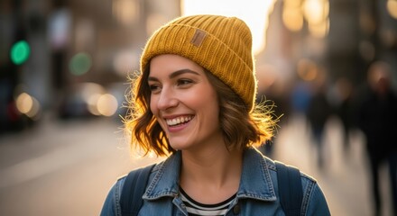 Fototapeta premium Smiling Young Woman in Yellow Beanie Walking in City at Sunset