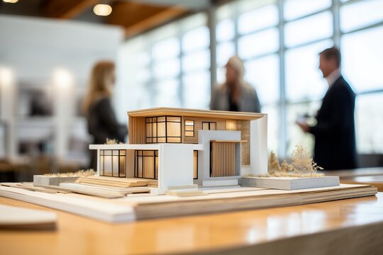 Architectural model of a modern house on a wooden table with blurred people in background, concept for real estate marketing, architectural visualization and property development