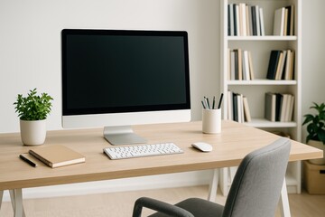 Productive home office setup features sleek computer, organized desk, and greenery for inspiration