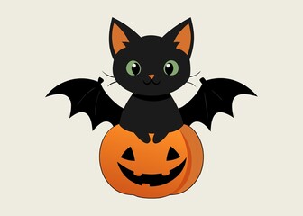 Cute Black Cat with Bat Wings on a Halloween Pumpkin Isolated Vector Illustration