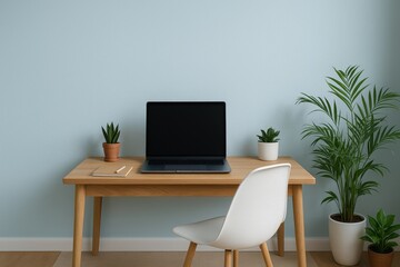 Fototapeta premium Productive home office setup features sleek desk with laptop surrounded by greenery, creating calming workspace