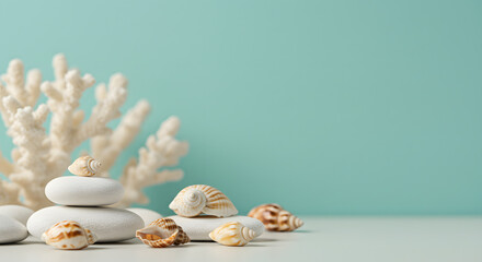 Serene coastal still life composition with white coral, stacked pebbles, and seashells on a pastel turquoise background for a spa and wellness concept