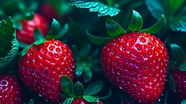 Close-up of fresh strawberries with vibrant greens