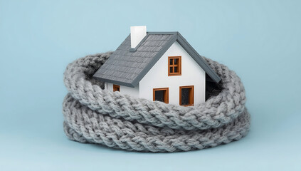 A small toy house wrapped in a knitted scarf on a blue background