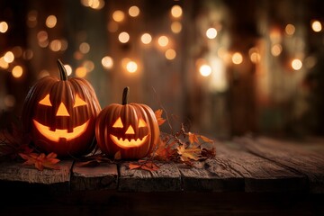 Fototapeta premium Two glowing carved pumpkins with autumn leaves on a rustic wooden surface and bokeh lights background. Concept for Halloween decoration, autumnal celebration and festive season promotion
